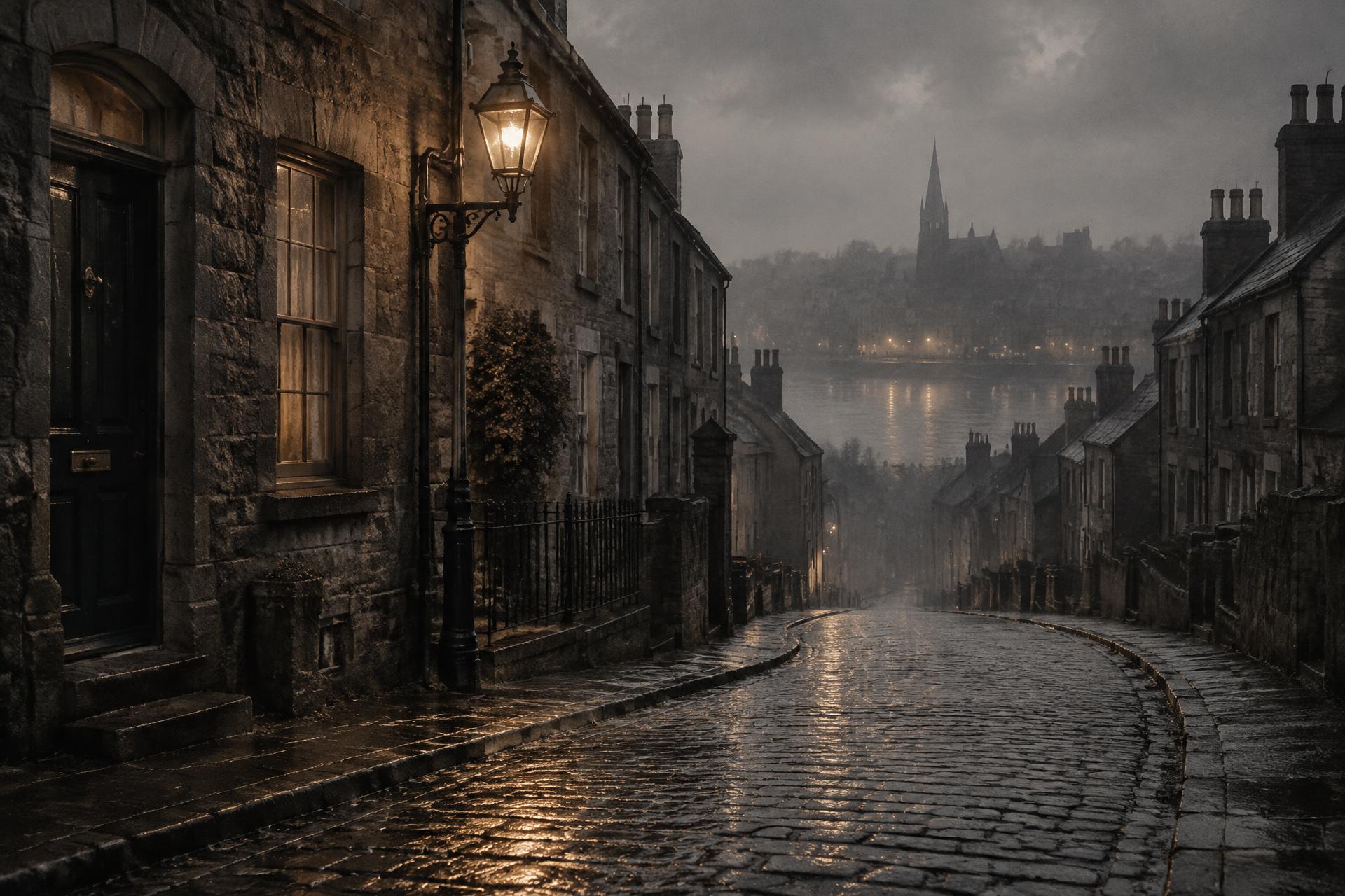 A rain-slicked cobblestone lane in an old Irish town at dusk