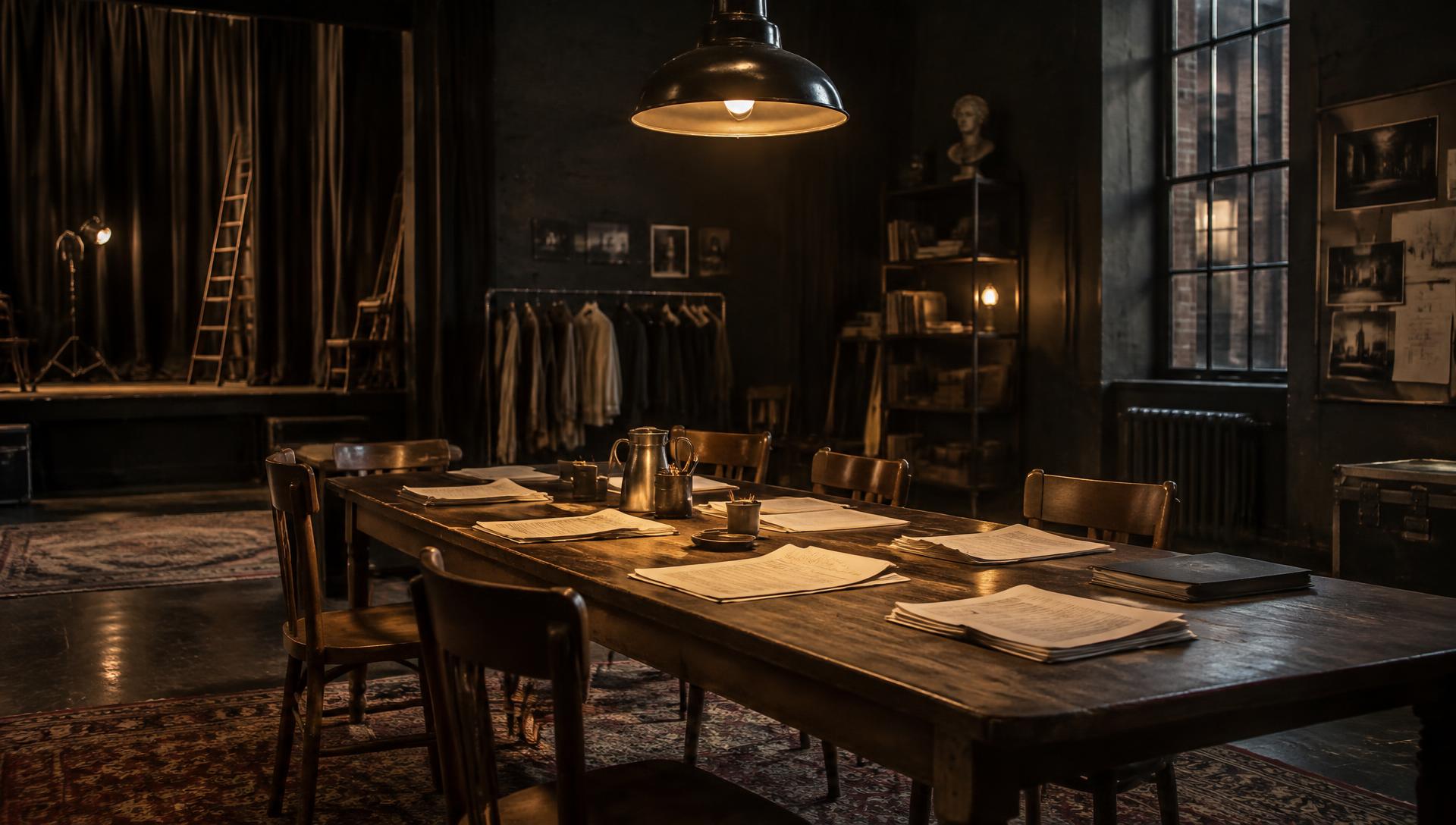A quiet rehearsal room with script pages laid out on a long wooden table
