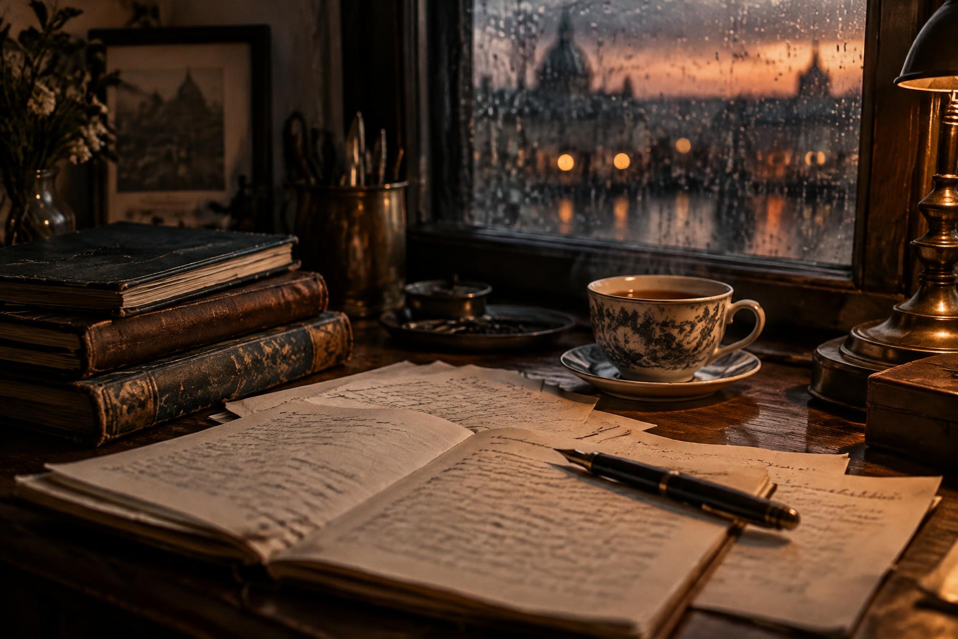 A writer's desk with notebooks and a fountain pen beside a rain-streaked window